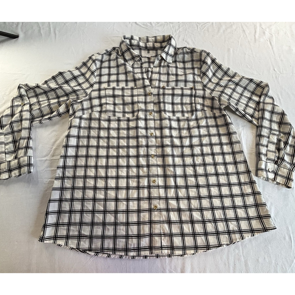 Charter Club Blouse Women’s L Black White‎ Plaid Button Front
